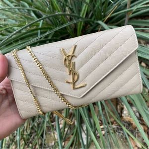 SAINT LAURENT Beige Grain de Poudre Chevron YSL Clutch on Added Unbranded Chain
